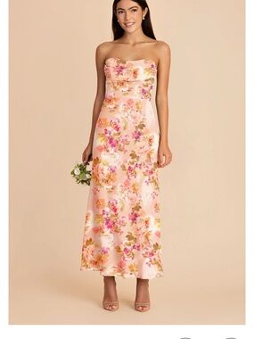 Birdy Grey Floral Strapless Pink Chiffon Midi Dress